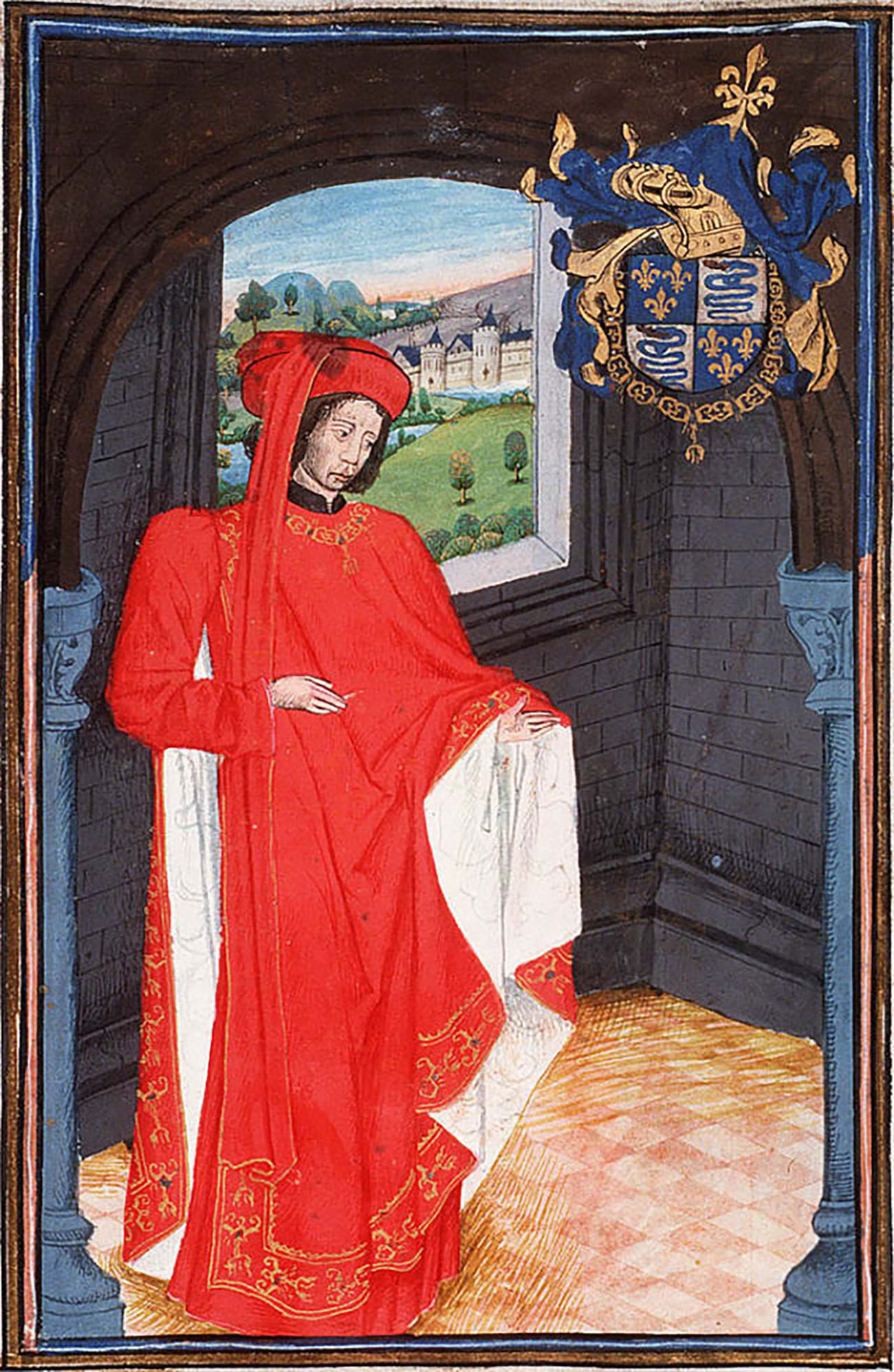 A painting of St. Valentine. The saint is dressed in red and is set against the medival background of a castle's tower.