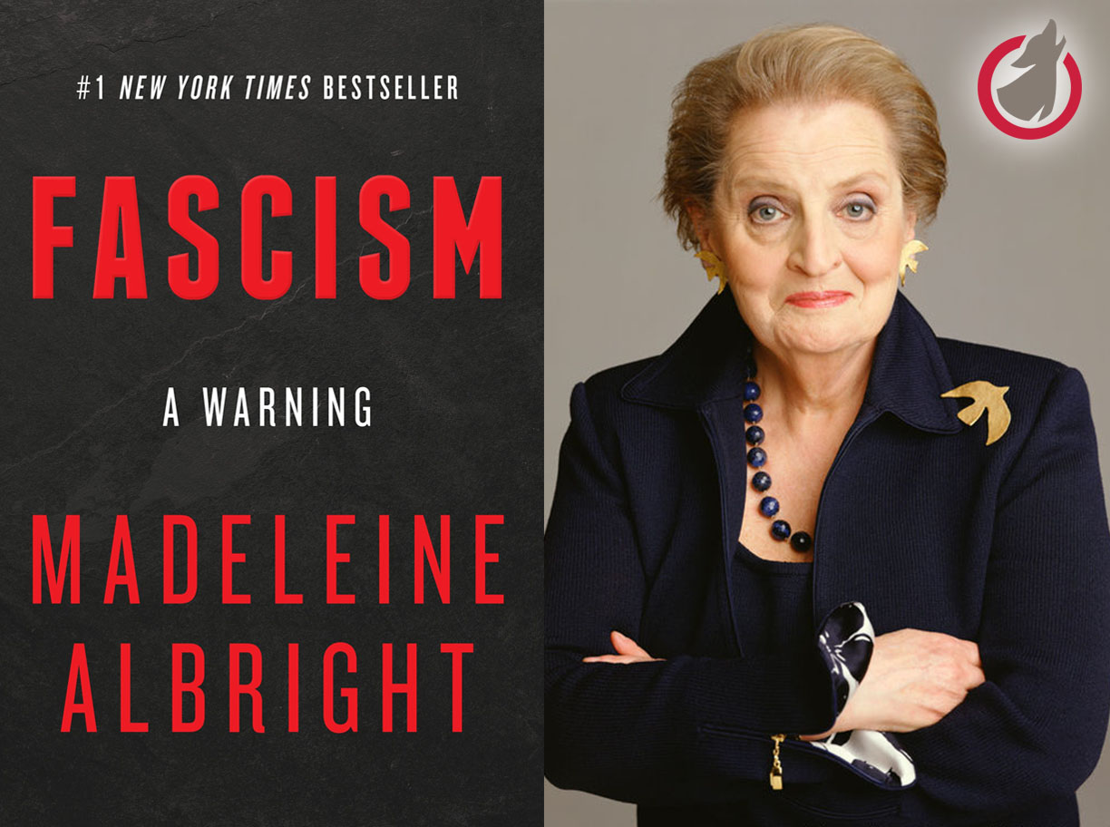 GRAPHIC: Graphic of Madeleine Albright, her book "Fascism: A Warning" and the Brazos Bookstore Logo. Photo features Albright wearing a blue blazer and with a golden dove pen on her left shoulder. The book is all black with the words "fascism" and the author's name thin, red text. Book cover courtesy of HarperCollins Publishers. Photo by Timothy Greenfield-Sanderrs. Logo courtesy of Brazos Bookstore. Graphic by The Signal Online Editor Alyssa Shotwell.
