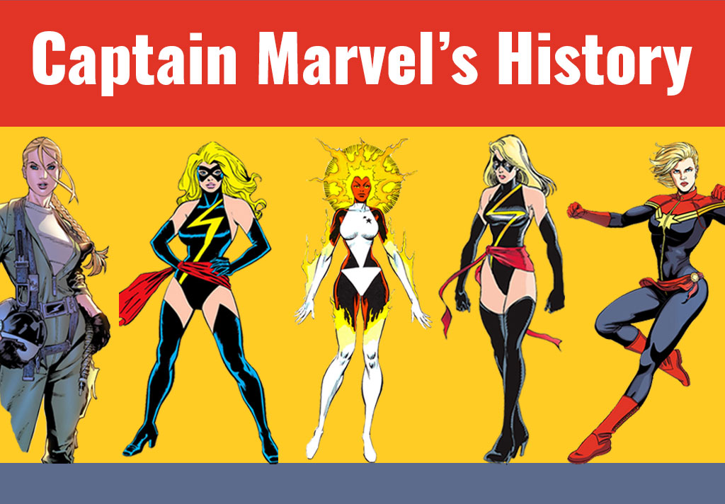 GRAPHIC: "Captain Marvel's History" with illustrations of Carol Danvers' various personas. Graphic created by The Signal Assistant Editor Miles Shellshear.