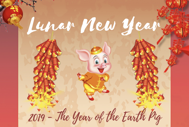 A graphic illustrates the Year of the Earth Pig with Chinese lanterns and firecrackers. Graphic by The Signal reporter Nhu Tran.