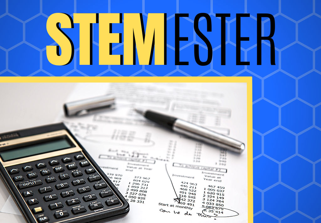 GRAPHIC: Illustration with a blue background and the words STEMester, with the 'STEM' in yellow and 'ester' in black. In the bottom-left corner is a photo of a calculator, a paper covered in math problems, and an uncapped pen. Graphic by The Signal reporter Jennifer Martinez
