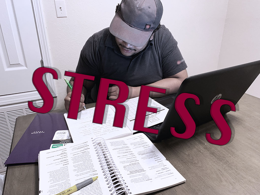 GRAPHIC: A student, Justin Beasley, works on homework wearing his work uniform. Big red letter spelling out "stress" is over layed on the photo. Graphic created by The Signal reporter Shelby Schillings.