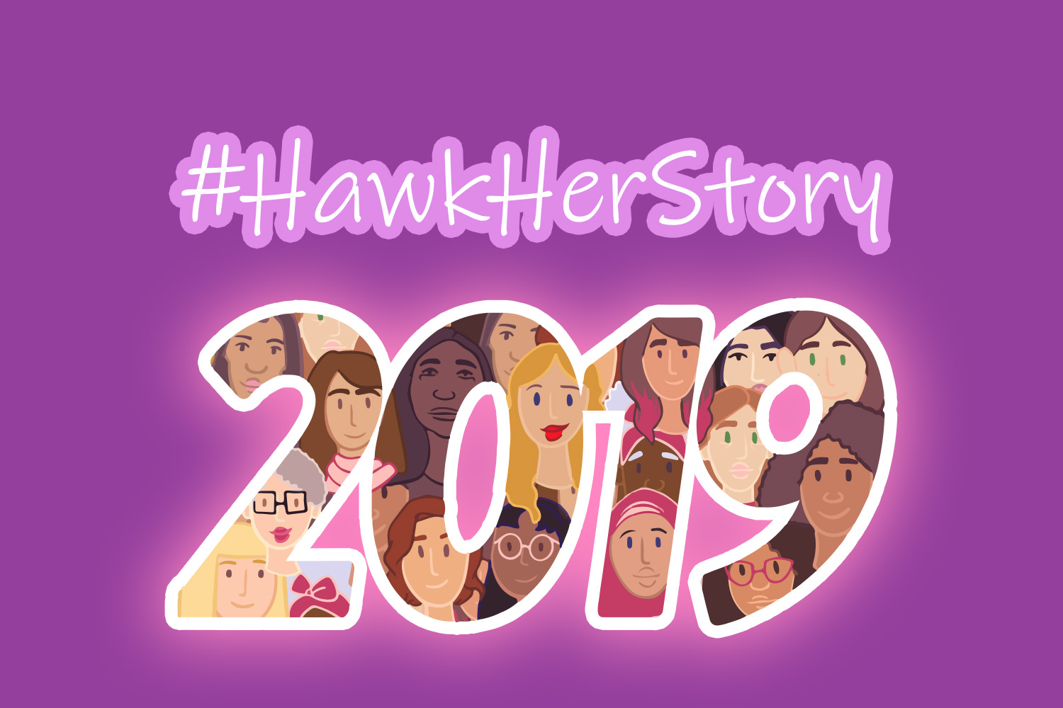 GRAPHIC: Image with the words "#HawkHerStory 2019." The number 2019 is filled with different women. Many are modeled after women of the UHCL community we reached out for interviews as part of the #HawkHerStory campaign. The background is all purple. Graphic created by The Signal Online Editor Alyssa Shotwell.