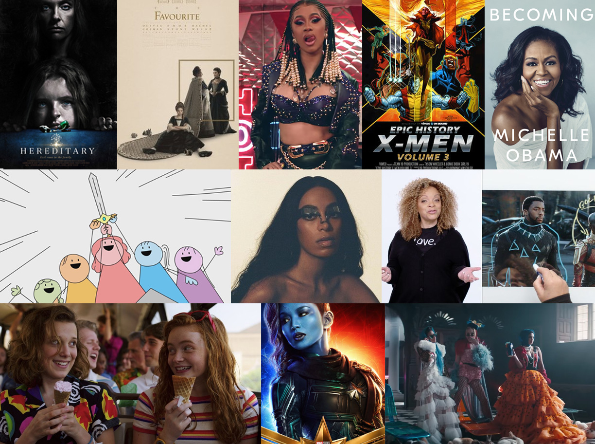 GRAPHIC: Collage of images based off selections of the 2019 Women's History Month edition of Alyssa Curates the Internet. Top Row Left to Right: movie poster for "Hereditary," movie poster for "The Favourite," still from Cardi B's "Please Me" music video, poster for "The Epic History of X-Men" and book cover of Michelle Obama's "Becoming." Middle Row Left to Right: "MeToon" illustration, Solange's "When I come home" album, thumbnail of Ruth B Carter and the "Black Panther." Bottom Row Left to Right: still image from the season three of "Stranger Things," Gemma Chan "Captain Marvel Poster" and still of the Jonas Brother video "Sucker." Graphic created by The Signal Online Editor Alyssa Shotwell.