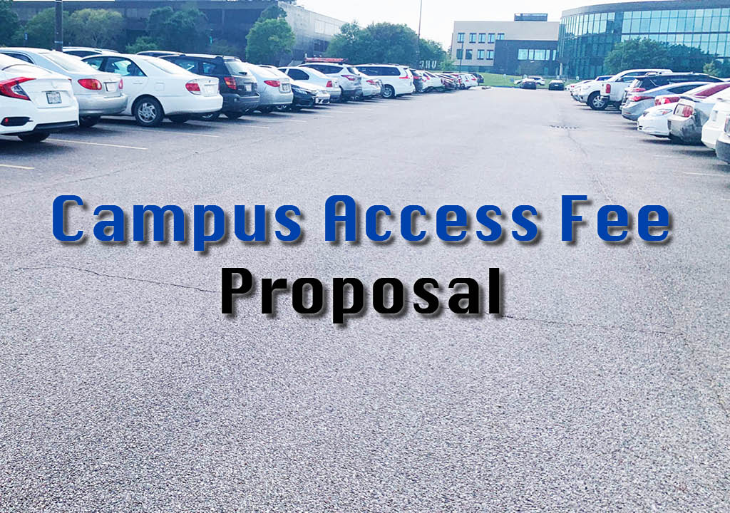 GRAPHIC:Photo of parking lot with "campus access fee proposal" text overlay. Graphic by The Signal reporter Samantha Sincox.