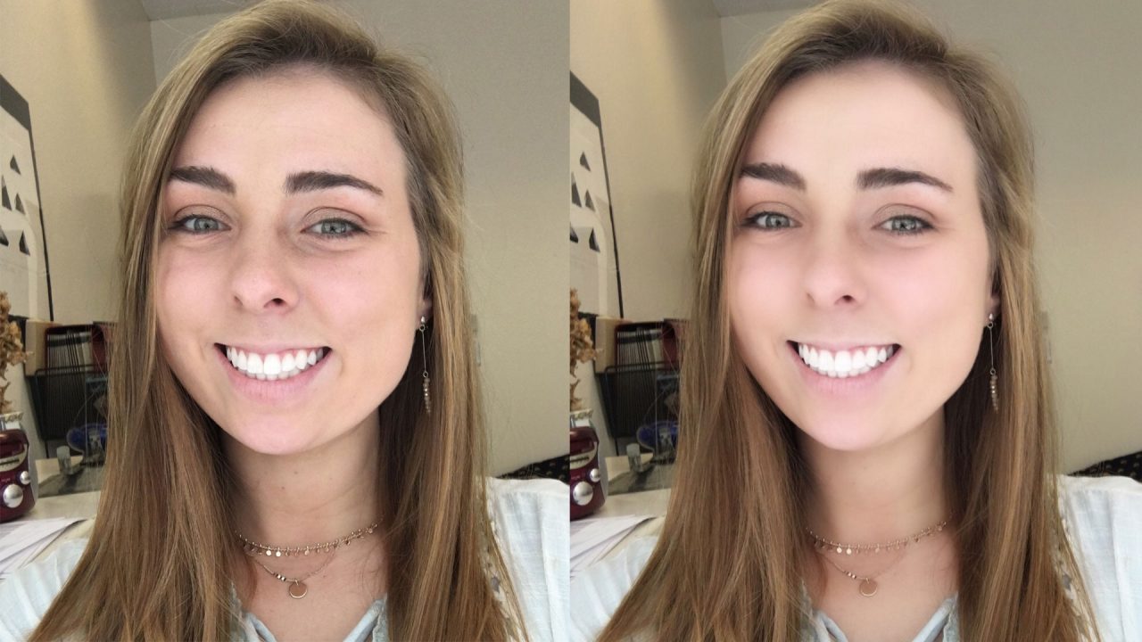 Photo: Selfie photo of a girl's face on the left side of the image, unedited and the same photo run through selfie editing software on the ride side of the image. Photo by The Signal reporter Hannah Wallace.