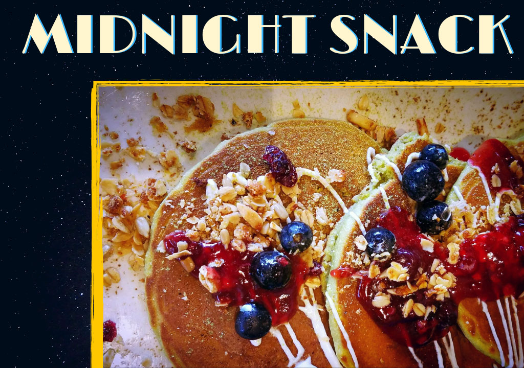 GRAPHIC: Photo of pancakes with fruit and nut toppings over an illustration background. The background is a dark blue night sky with white stars and navy blue and gold text that says "Midnight Snack." Graphic by The Signal reporter Jennifer Martinez