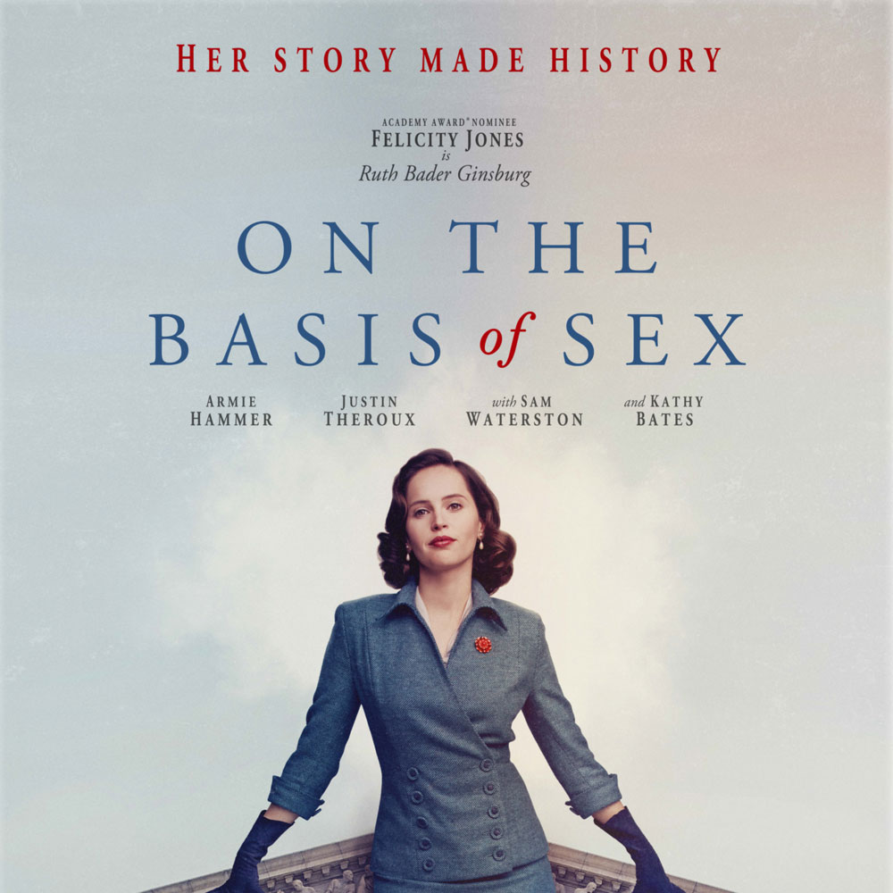 Movie poster of Felicity Jones posing as Ruth Bader Ginsburg with the words 'On the Basis of Sex' along the top.