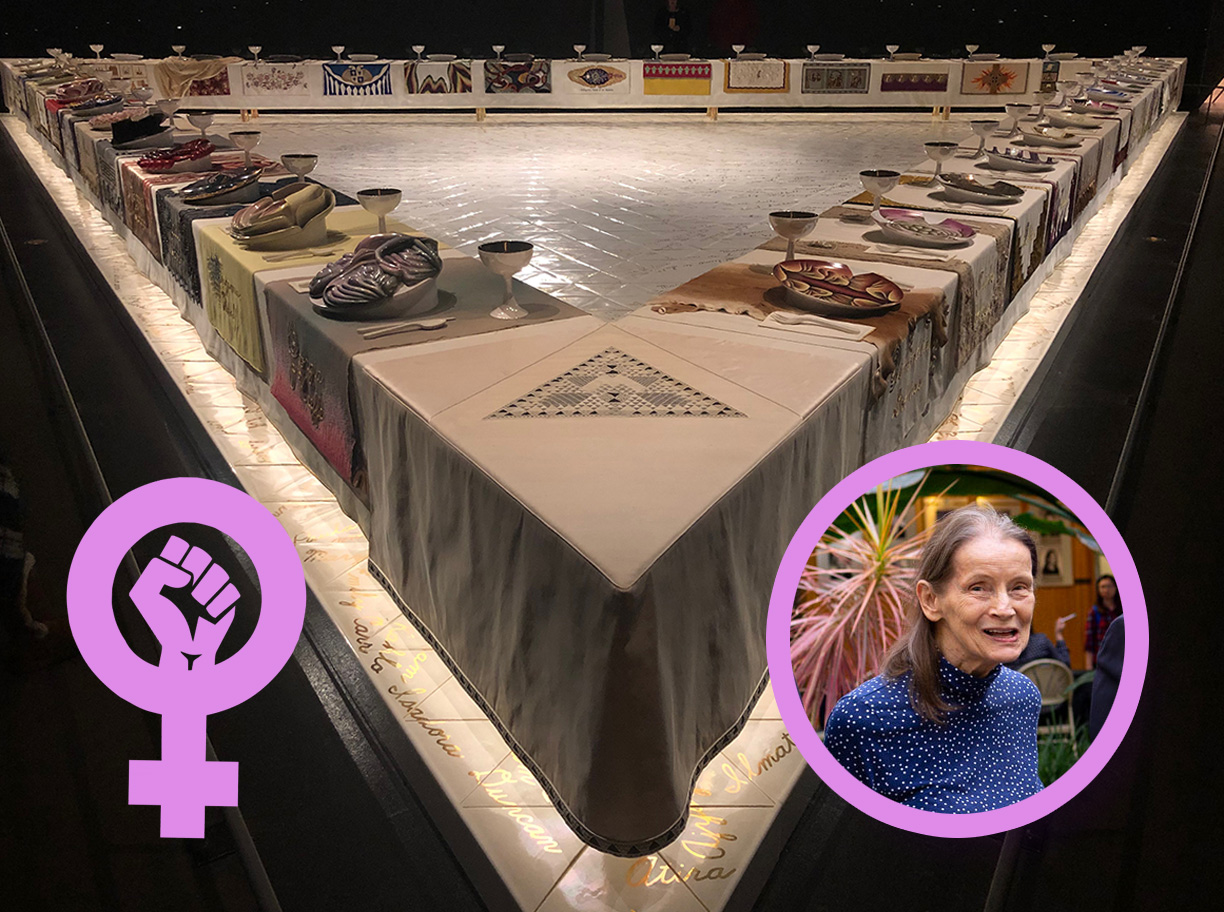 GRAPHIC: Photo of Gretchen Mieszkowski and feminism symbol over Judy Chicago's "The Dinner Party" installation at the Brooklyn Museum. Photos courtesy of The Signal Advisor Lindsay Humphrey and UHCL Marketing and Communications. Graphic by The Signal Online Editor Alyssa Shotwell.