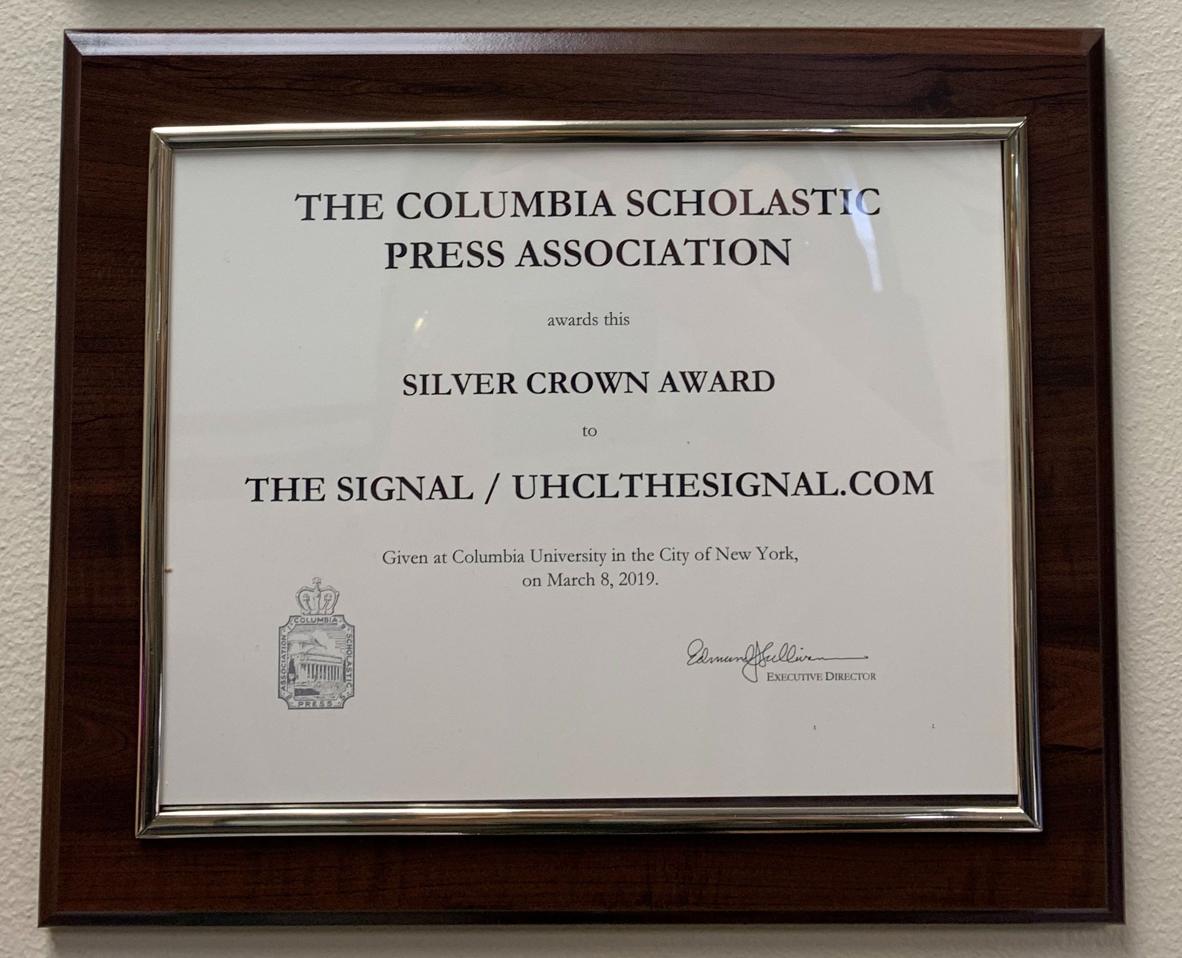 PHOTO: The Signal won the Columbia Scholastic Press Association's Silver Crown Award for the 2017-2018 school year. Photo by The Signal Editor-in-Chief Brandon Peña.