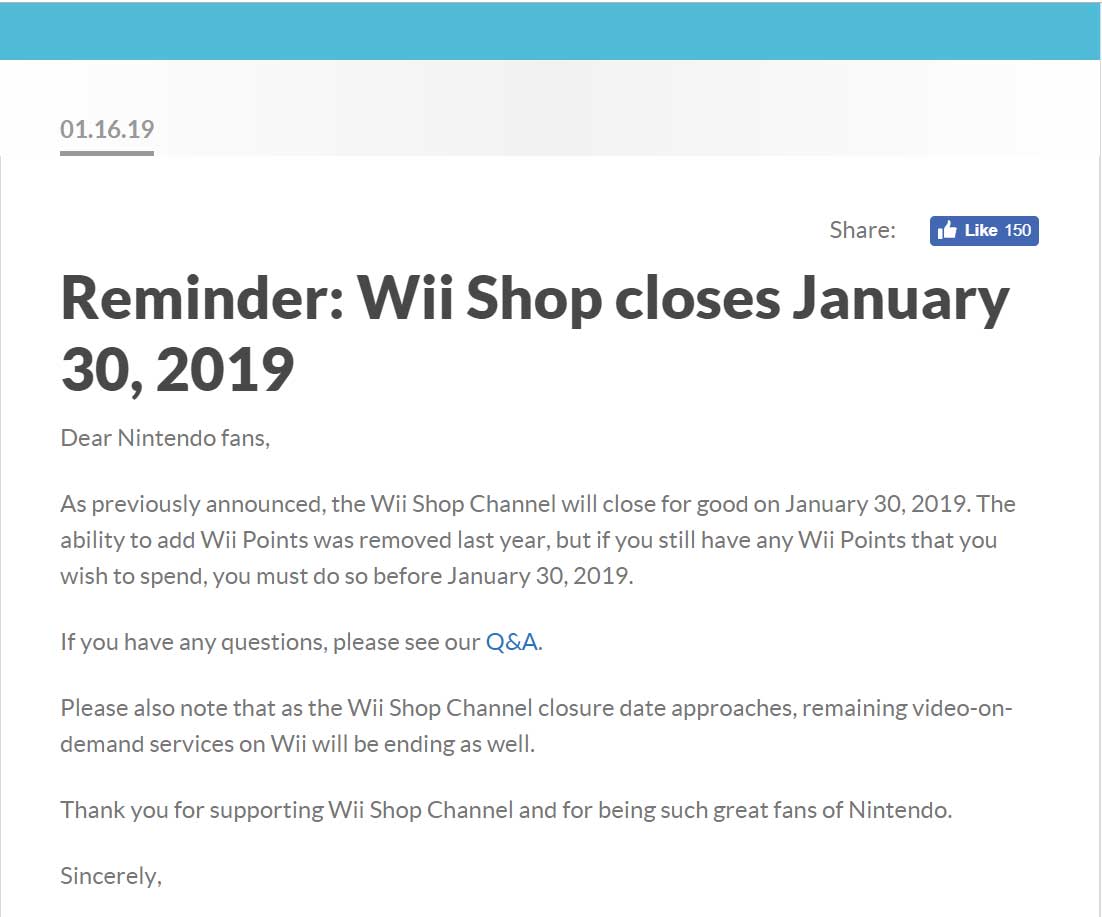 SCREENSHOT: Wii Shop Channel closure statement