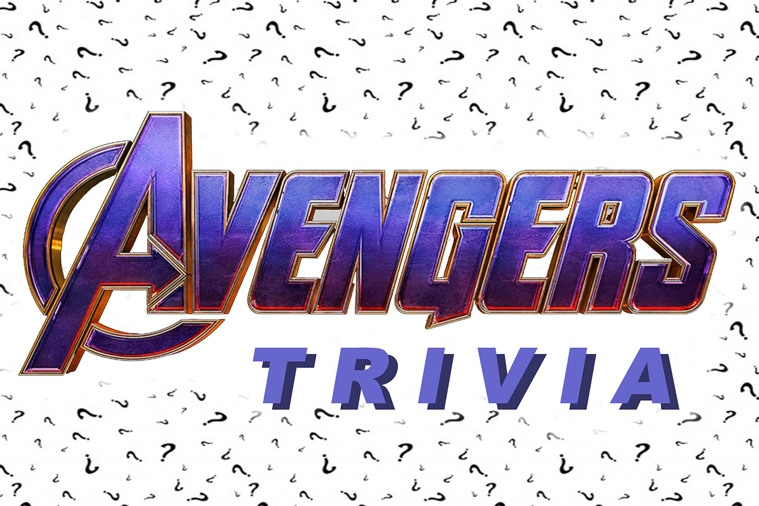 GRAPHIC: Question marks background with text "Avengers trivia" written in purple in forground. Graphic by The Signal reporter Nicole Helpenstill
