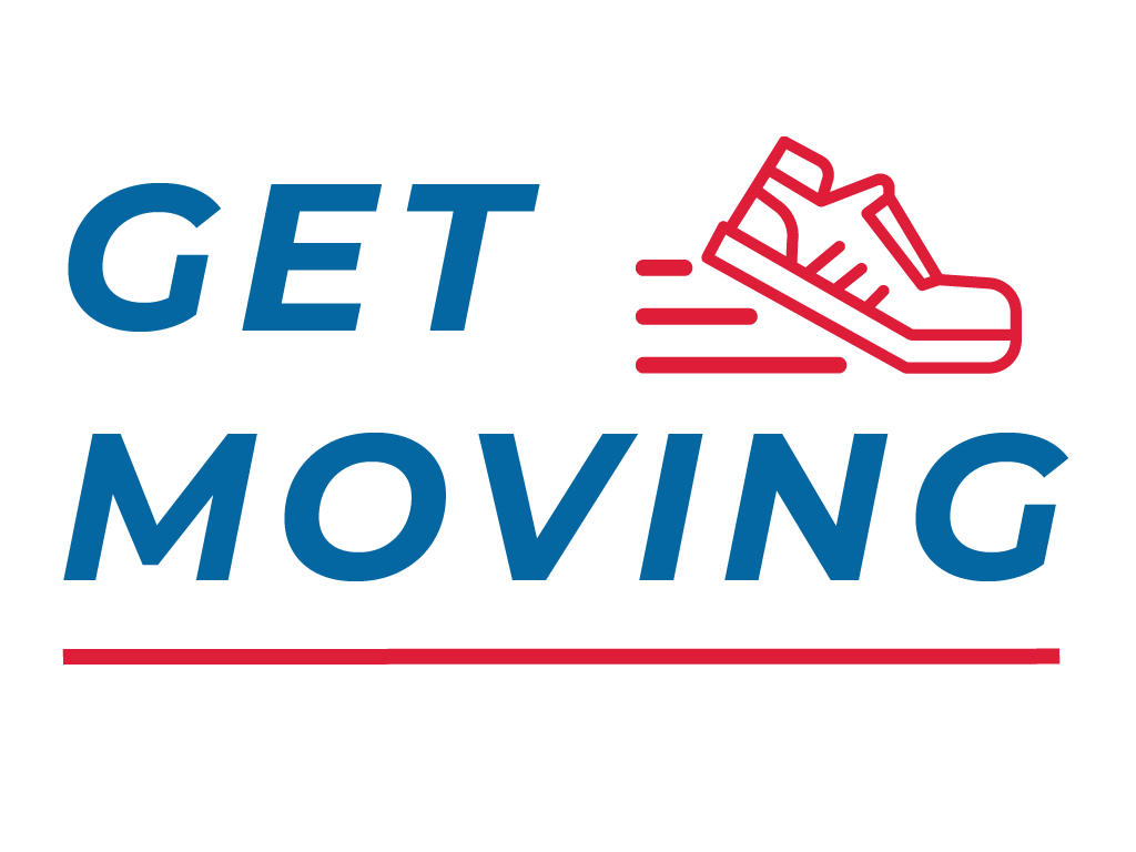 GRAPHIC: Text "get moving" with an illustration of a running shoe in motion. Graphic created by The Signal Reporter Charity Emmite.
