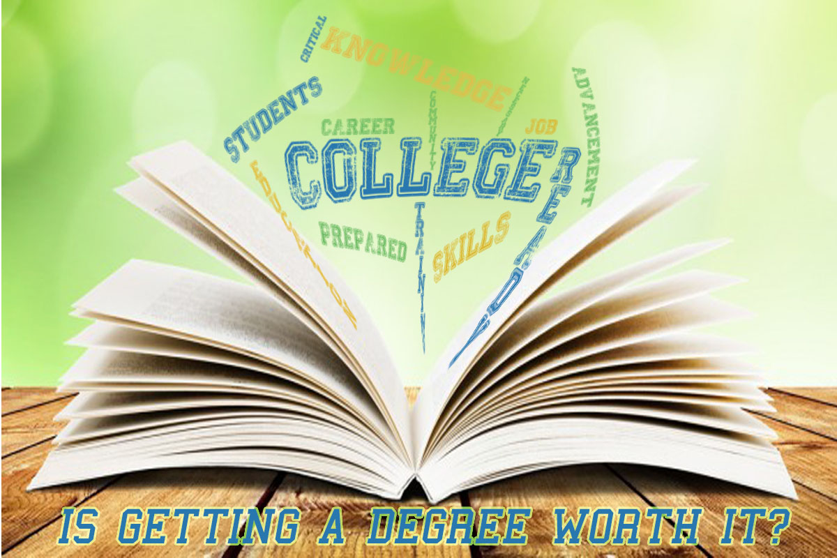 GRAPHIC: An open book with words coming out of it. At the bottom text reads "Is Getting a Degree Worth it?" Graphic by The Signal reporter Priscilla Gonzalez.