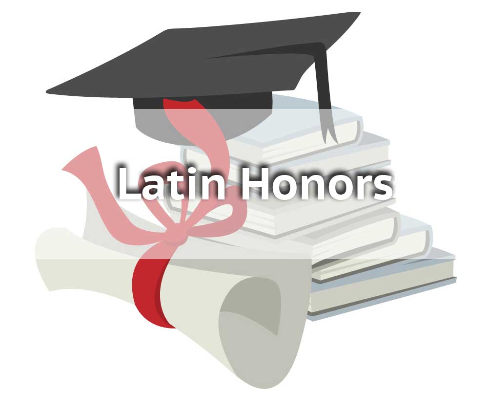 GRAPHIC: A diploma with graduation cap atop a stack of books. The text "Latin Honors" obscures the image slightly. Background image courtesy of Flickr user BluefieldPhotos BP. Graphic by The Signal assistant editor Miles Shellshear.