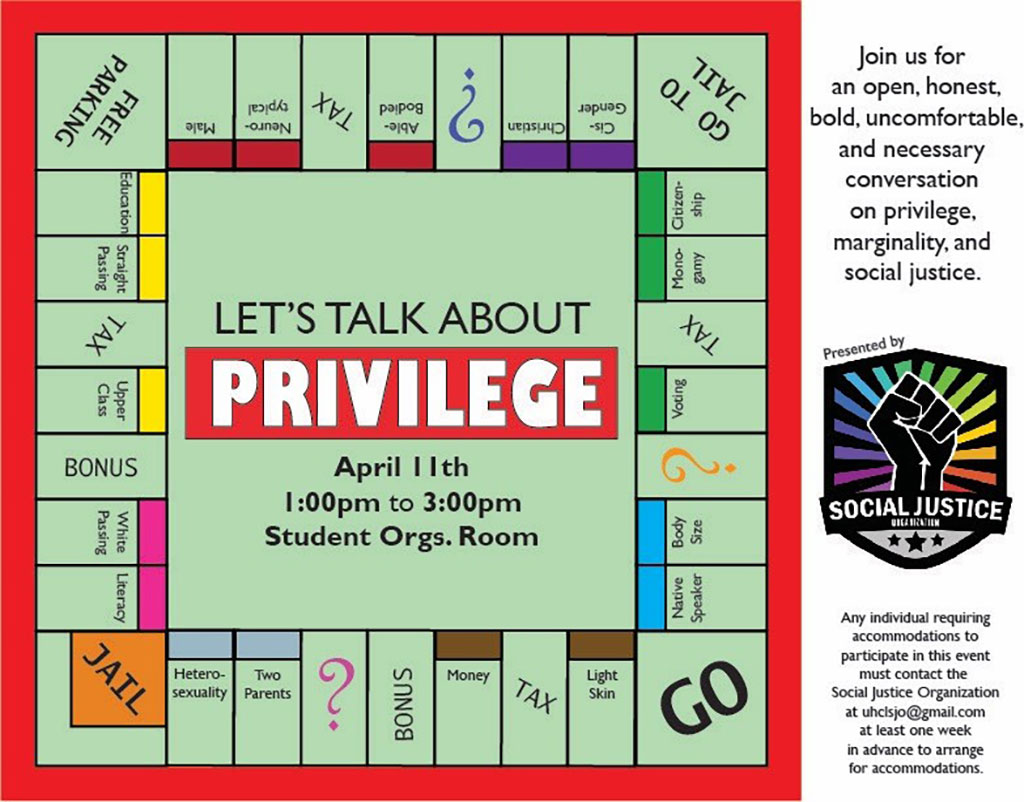 GRAPHIC: Event flyer for "Let's Talk About Privilege." Graphic courtesy of UHCL's Social Justice Organization.