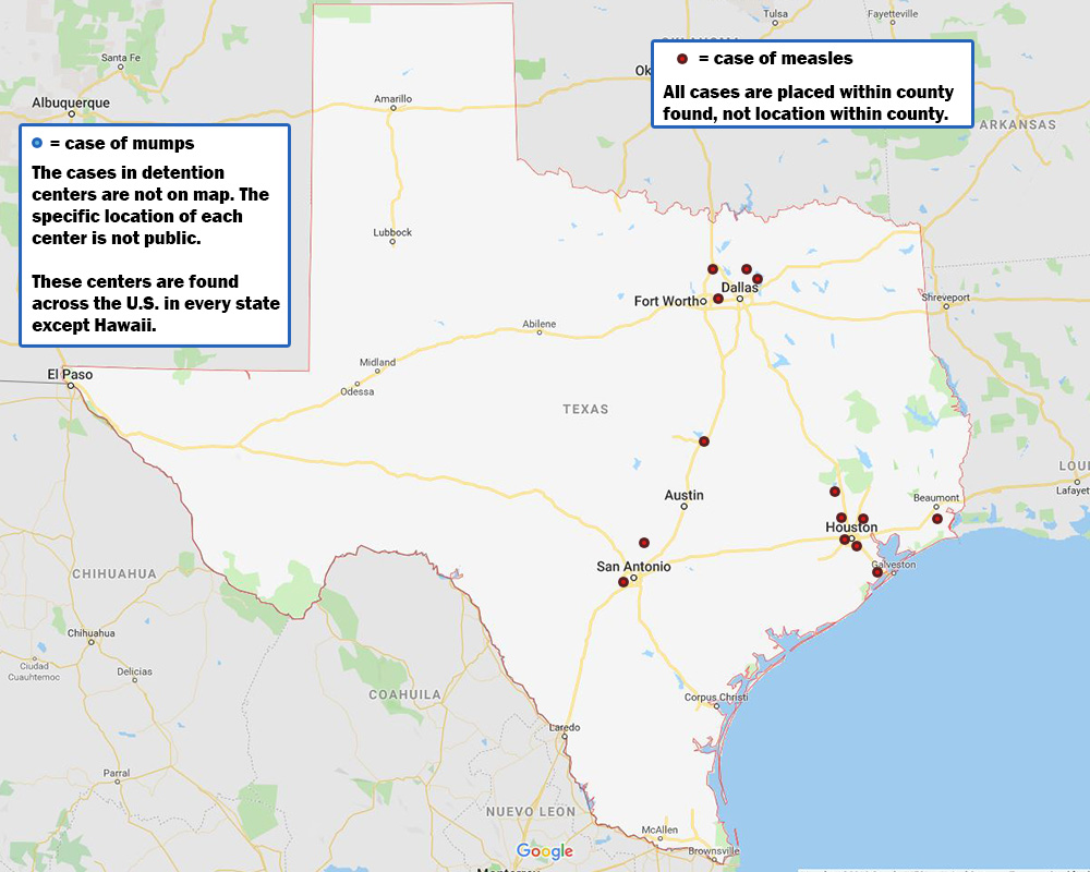 GRAPHIC: TEXAS - Measles and mumps: Texas has seen a spike in disease outbreaks and cases the last few months. As of March 21, 14 total cases of measles [2] have been confirmed in Texas with 4 coming from Harris county. Since the start of the Texas Legislative session this year, four anti-vaccine bills [3] have been introduced. The Texas Department of State Health Services(DSHS) reported since October there has been 186 people [4], made up of staff and immigrants, with cases of the mumps in detention centers. DSHS spokesperson Lara Anton said that though they don’t have the vaccination record of all migrants, all unaccompanied minors are vaccinated when detained. Image courtesy of Google Maps and graphic by The Signal Online Editor Alyssa Shotwell.