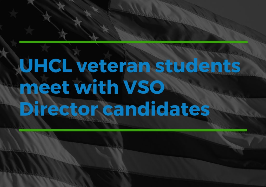 GRAPHIC: A graphic with a background photo and text. The background photo is a full-frame black and white photo of the U.S. flag. The text is centered on the image and blue. It says "UHCL veteran students meet with VSO Director candidates." There is a horizontal green line above and below the text. Graphic by The Signal reporter Jennifer Martinez.