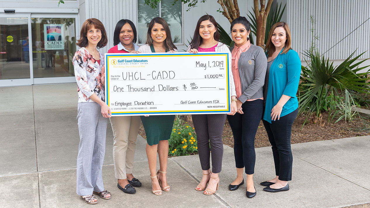 Pictured from left is Lerman and GCEFCU representatives: Business Development Manager Julia Arceneaux, Gonzalez, Business Development Coordinator Jessica Rodriguez, Business Development Specialist Marissa Alvarez, and Director of Marketing Caylee Smith. Photo courtesy of UHCL Marketing & Communications.