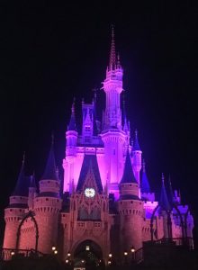 PHOTO: a close-up shot of Cinderella's Castle in Magic Kingdom at night lit up in varying shades of pink, purple and blue. Photo by The Signal Managing Editor, Emily Wolfe.