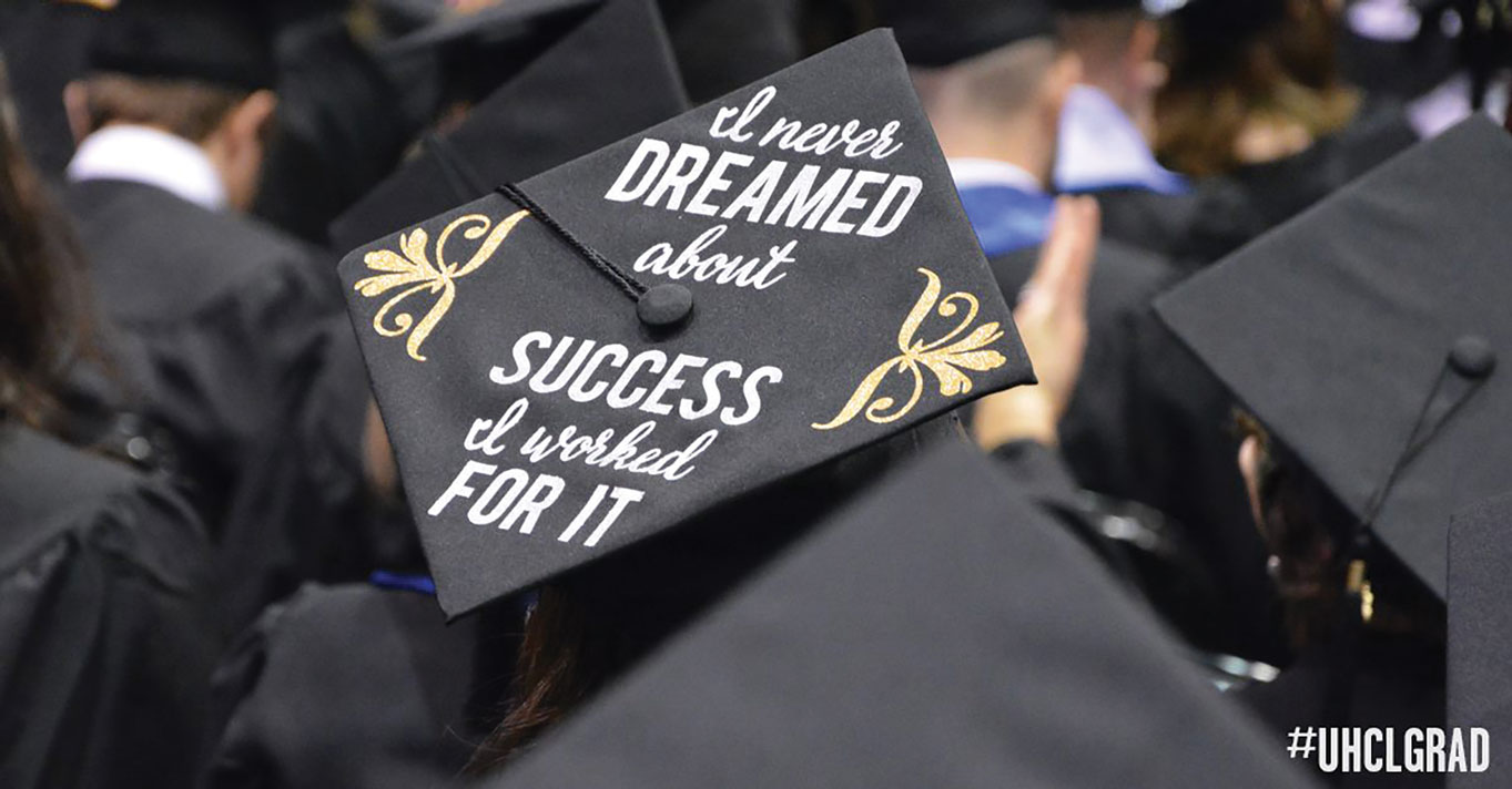 PHOTO: Black graduation cap with the words "I never dreamed about success I worked for it" in silver with gold accents on the edges. Photo courtesy of UHCL Marketing and Communications.