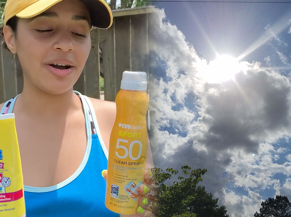 GRAPHIC: Alexus Christian holding sunscreen and explaining the importance of protection from UV rays. On the right is the sun peeking through the clouds. Graphic by The Signal online editor Alyssa Shotwell.