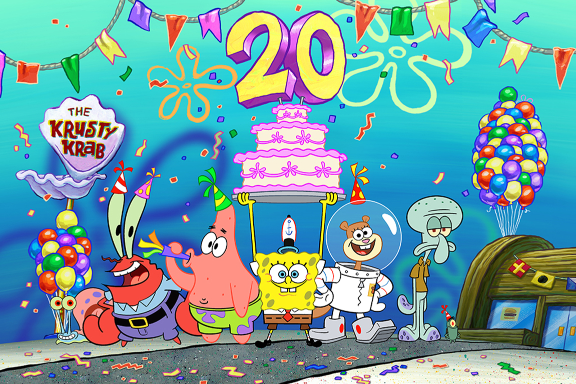 GRAPHIC: Graphic of cartoon characters from Spongebob Squarepants holding a cake with a 20 on top. Photo courtesy of Nickelodeon.