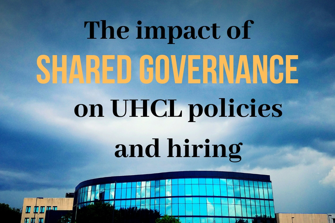 GRAPHIC: Combine photo and text graphic, with a photo of the University of Houston-Clear Lake Student Services Classroom Building centered at the bottom with a blue, lightly cloudy sky taking up the rest of the image. Text across the photo reads "The impact of shared governance on UHCL policies and hiring." The words "shared governance" are in golden yellow, while the other words are in black. Graphic by The Signal reporter Jennifer Martinez.