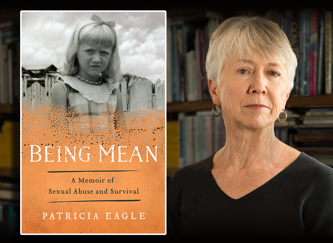 GRAPHIC: Eagle standing in from of a bookshelf and her book "Being Mean: A Memoir of Sexual Abuse and Survival” hovering left to her. The book features Eagle around age five. Photos courtesy of JKS Communications