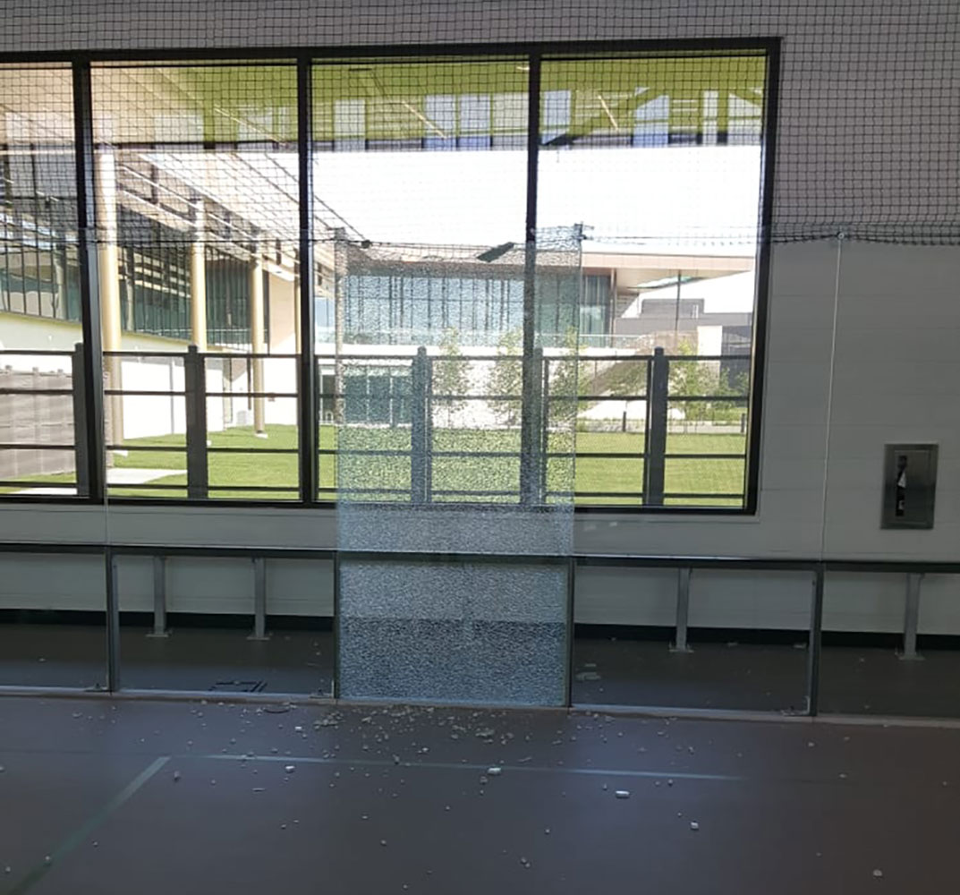 Photo: The glass panel that shattered in the MAC Gym on June 12.