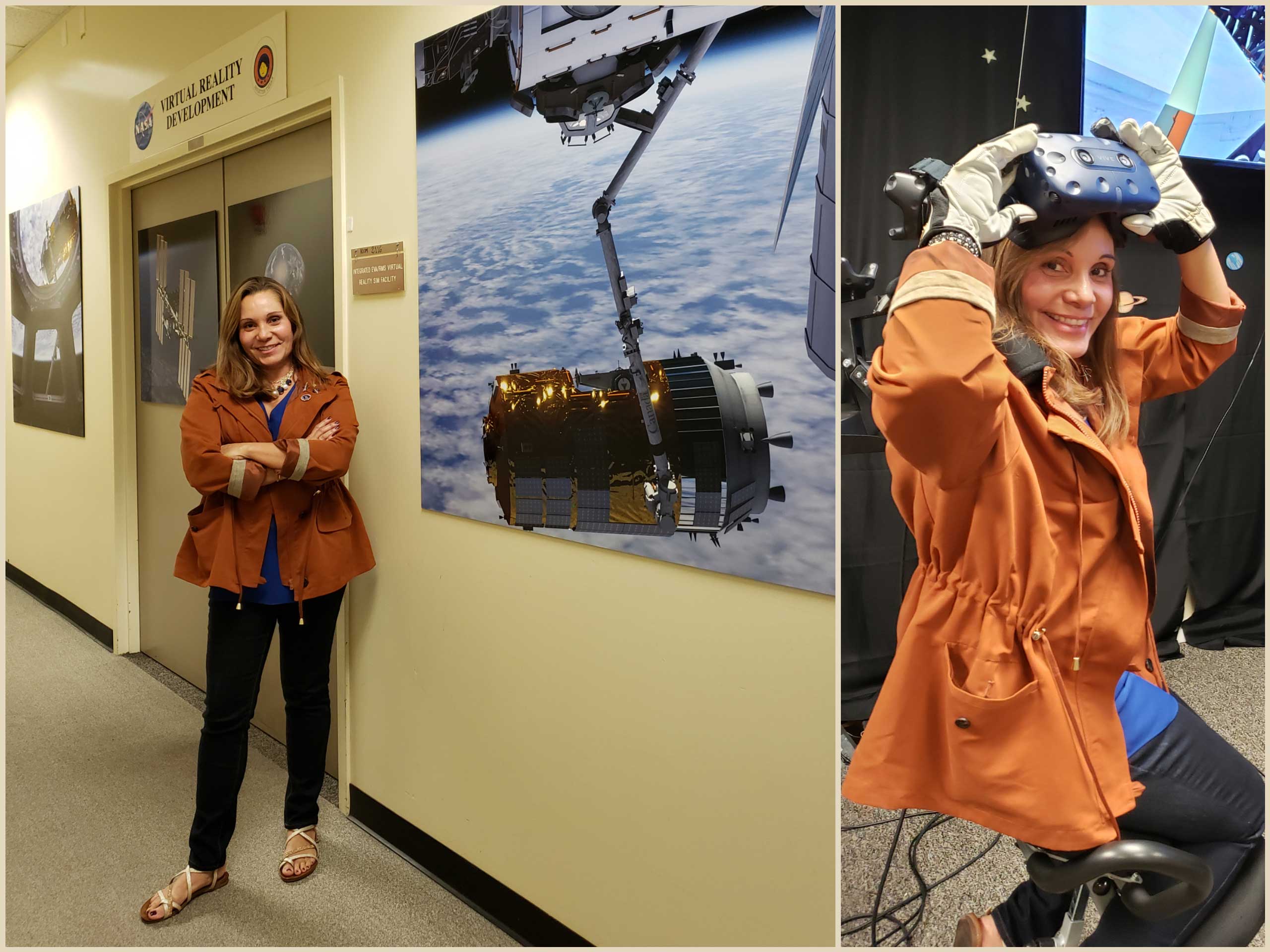 PHOTO: Evelyn Miralles using an HTC Vive virtual reality headset in the Virtual Reality Lab, the Official Astronaut Training Facility at NASA's Johnson Space Center. Photo courtesy of Evelyn Miralles.