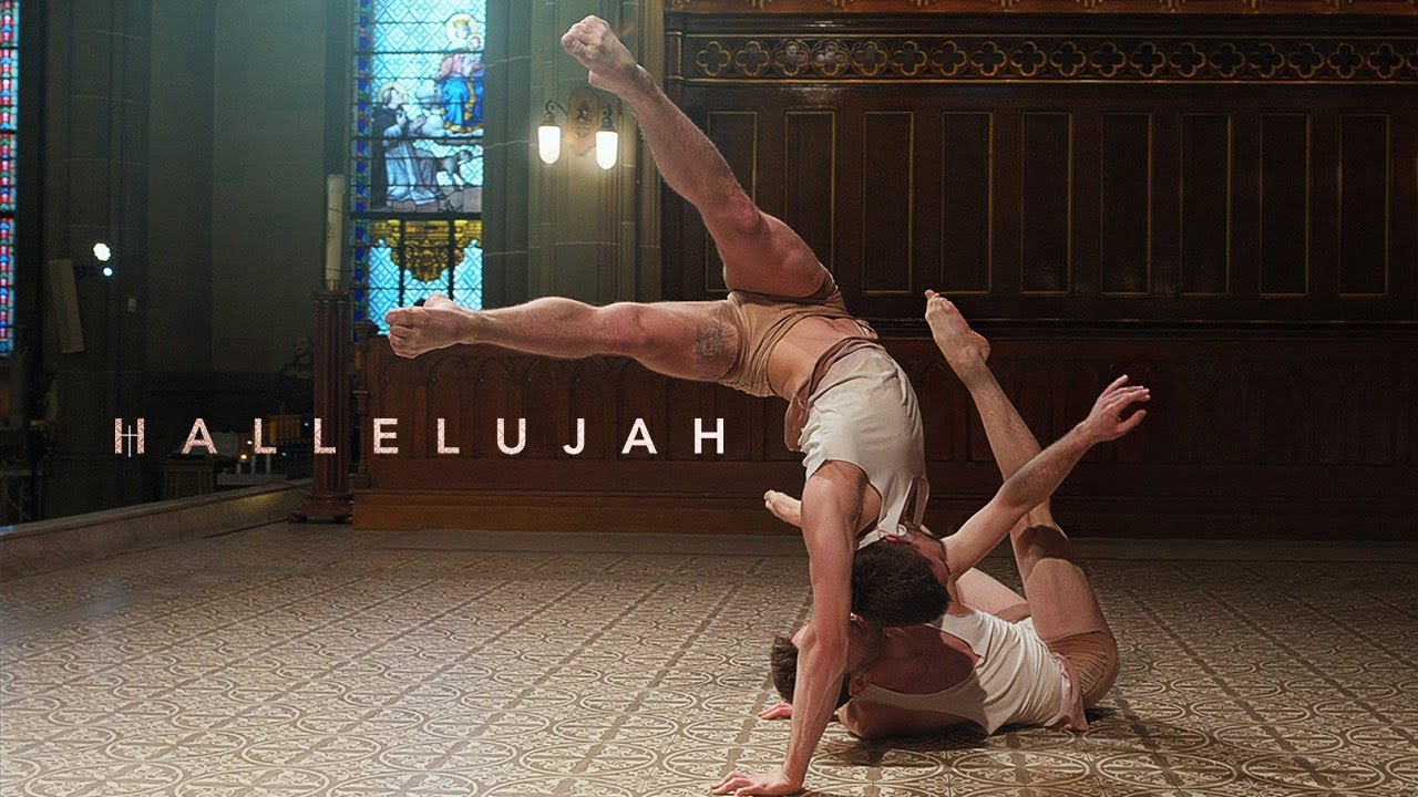 PHOTO: Photo reads " HALLELUJAH" next to dancers Guillaume Paquin and Arthur Morel Van Hyfte dancing in the front of the church. Photo couresty of Mathew Richardson
