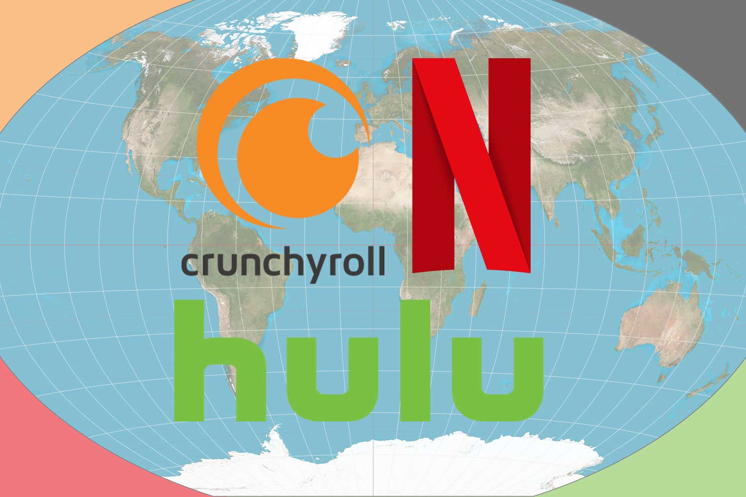 GRAPHIC: World map with Crunchyroll, Hulu and Netflix logos superimposed over top. Graphic by The Signal Managing Editor Miles Shellshear.