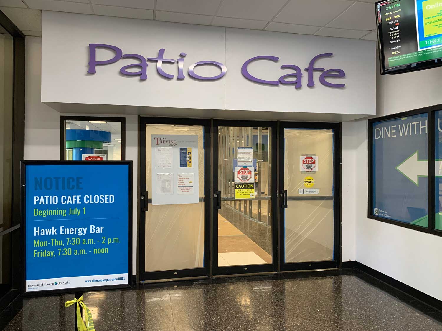 PHOTO: the Patio Café closed for construction with the Hawk Energy Bar hours listed on a sign.