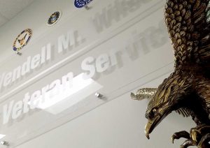 PHOTO: A golden eagle statue greets students to the The Captain Wendell M. Wilson Office of Veteran Services. Photo by The Signal reporter Jennifer Martinez.