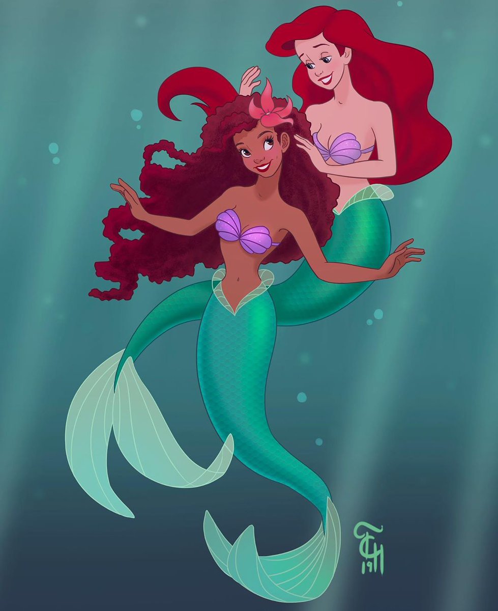 ILLUSTRATION: 1989 Ariel giving an animated version of 2019 Ariel a flower in her hair. Illustration courtesy of @thecrownedheart on Instagram.