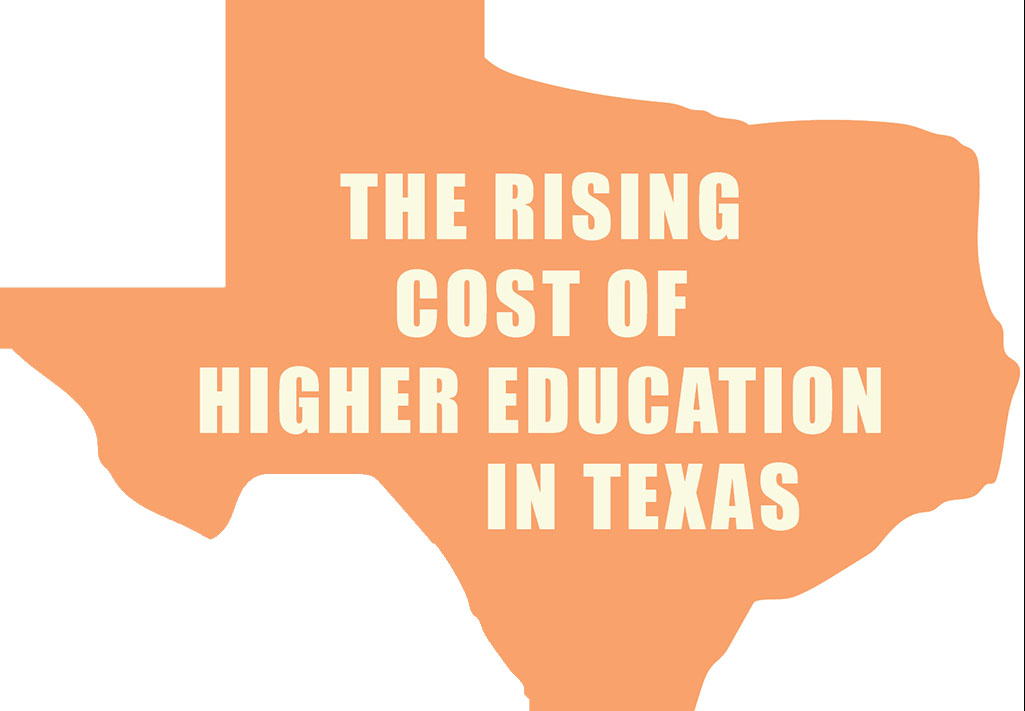 GRAPHIC: "The Rising Cost of Higher Education" text within the silhouette of Texas. Graphic by The Signal reporter Llanette Garcia.