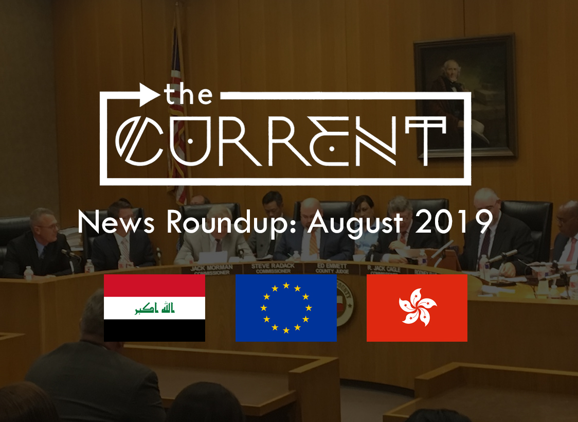 PHOTO: Harris County Commissioner Court in session under the Iraq, European Union and Hong Kong flags. Photo courtesy of Vanessa Holt of the Community Impact Newspaper. Flags are public domain. Graphic created by Trey Blakely and The Signal Online Editor Alyssa Shotwell.