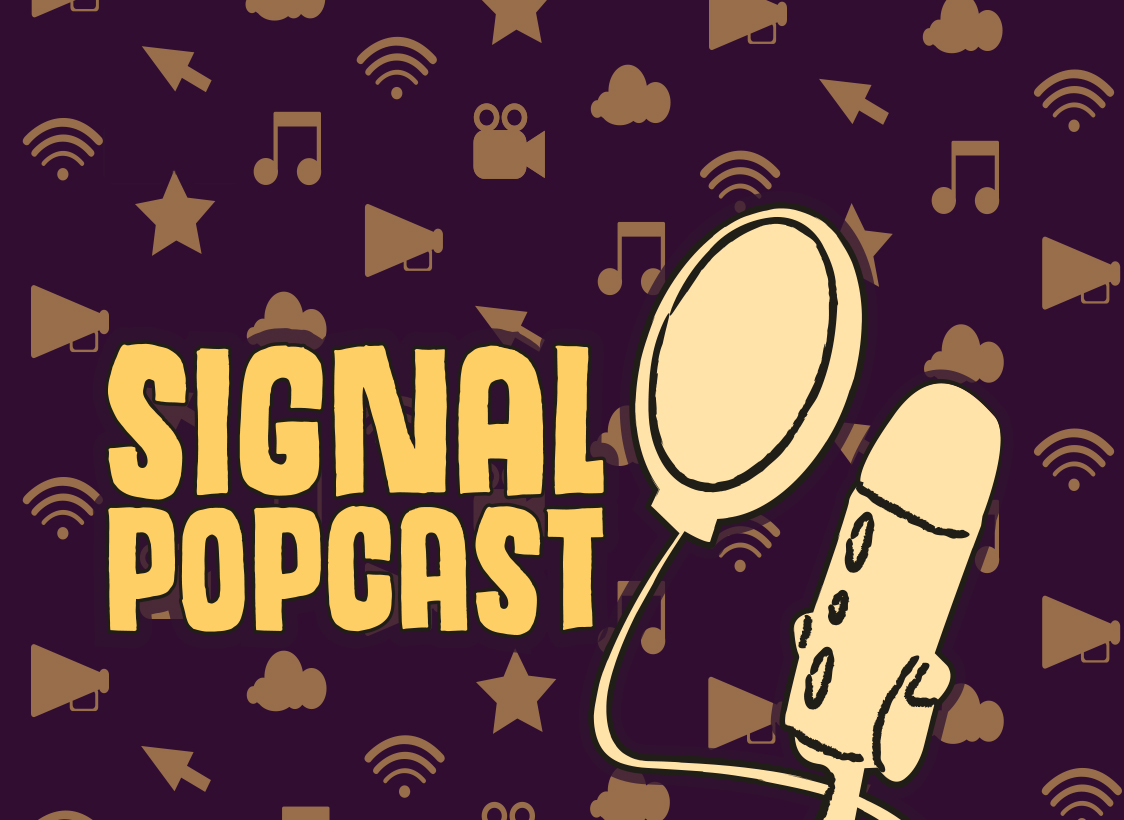 GRAPHIC: Text reads "Signal Popcast" with a microphone to the right. The background has a pattern of icons like wifi, clouds, music and computer mice. The Signal Popcast features topics in pop culture ranging from books to movies and music. Graphic by The Signal Online Editor Alyssa Shotwell.