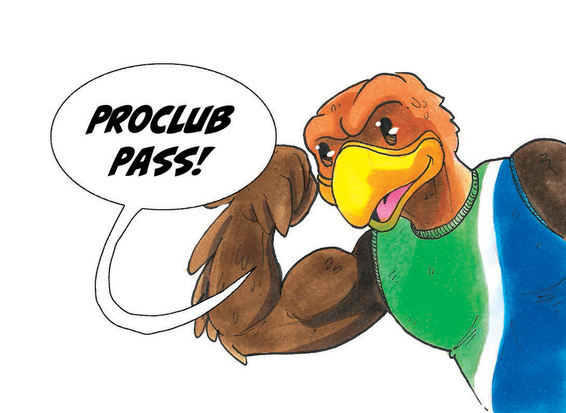 ILLUSTRATION: Buff hawk flexing and saying "Proclub Pass." Illustration by The Signal Reporter Alfonso Alvarez.