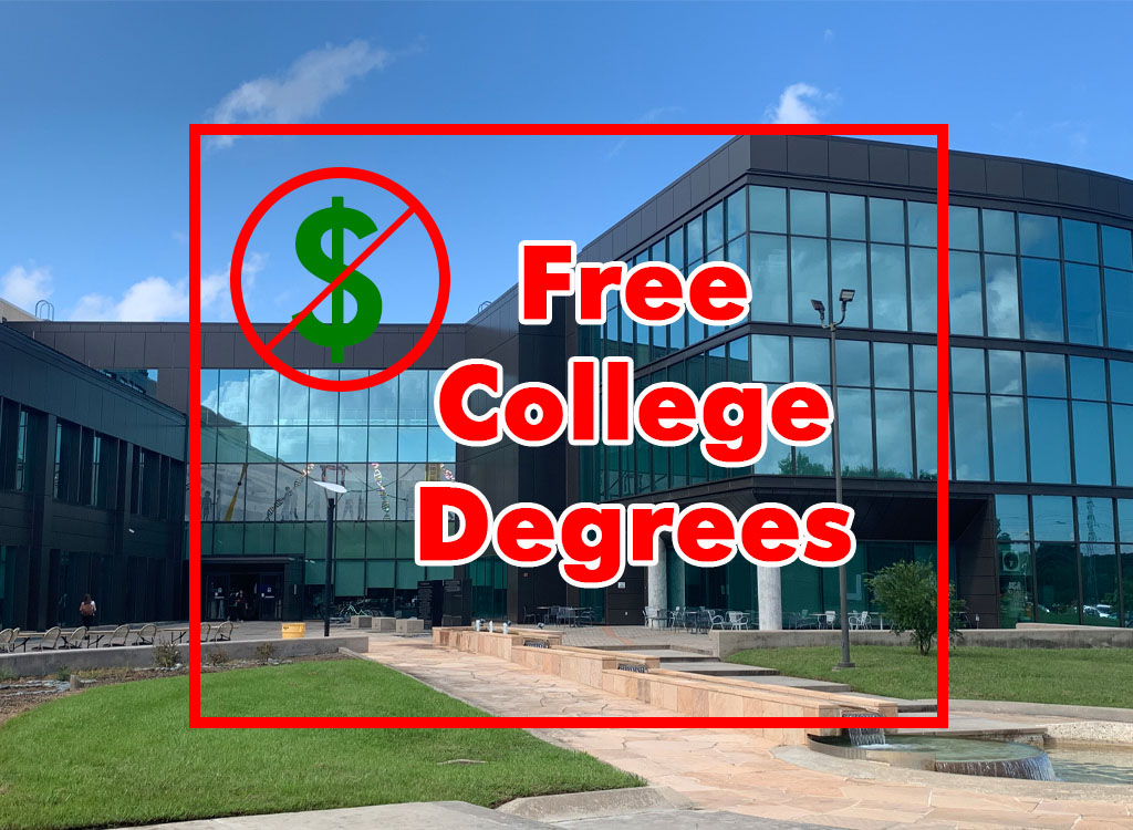 IMAGE: Image showing the words "free college degrees" with a crossed out dollar sign. The background is a picture of the Student Services building on a sunny day.Image by Signal reporter Amber Lucas.