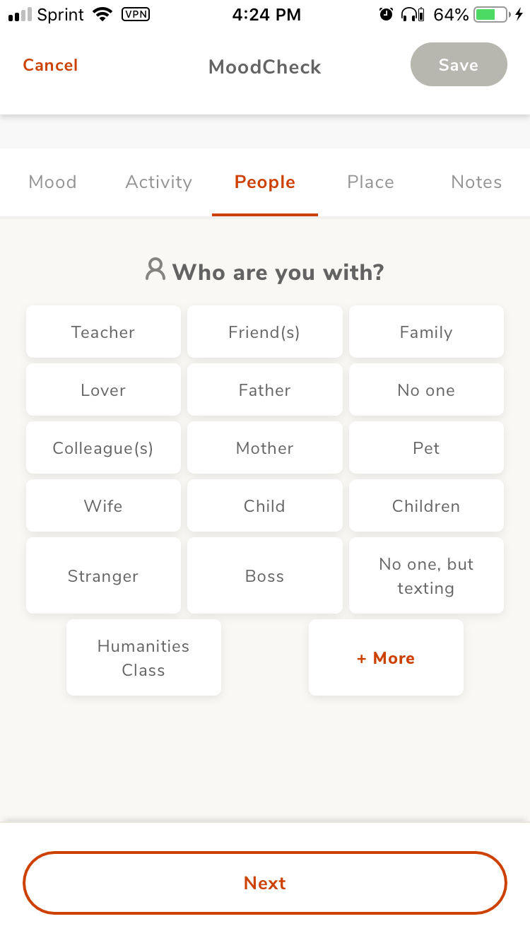 PHOTO: Screenshot from the 'People' section of the MoodCheck from the WellTrack app. The screenshot asks the user "Who are you with?" and options include 'Teacher,' 'Lover,' 'Colleague(s),' and the '+More.' Screenshot by The Signal Managing Editor Troylon Griffin II. 