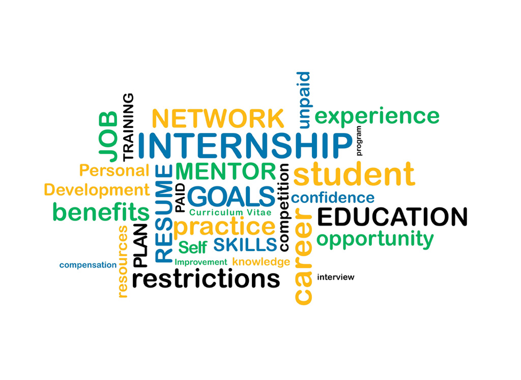 GRAPHIC: Words related to internships in different sizes, orientation, and color in front of a white background. Graphic by The Signal reporter Llanette Garcia.