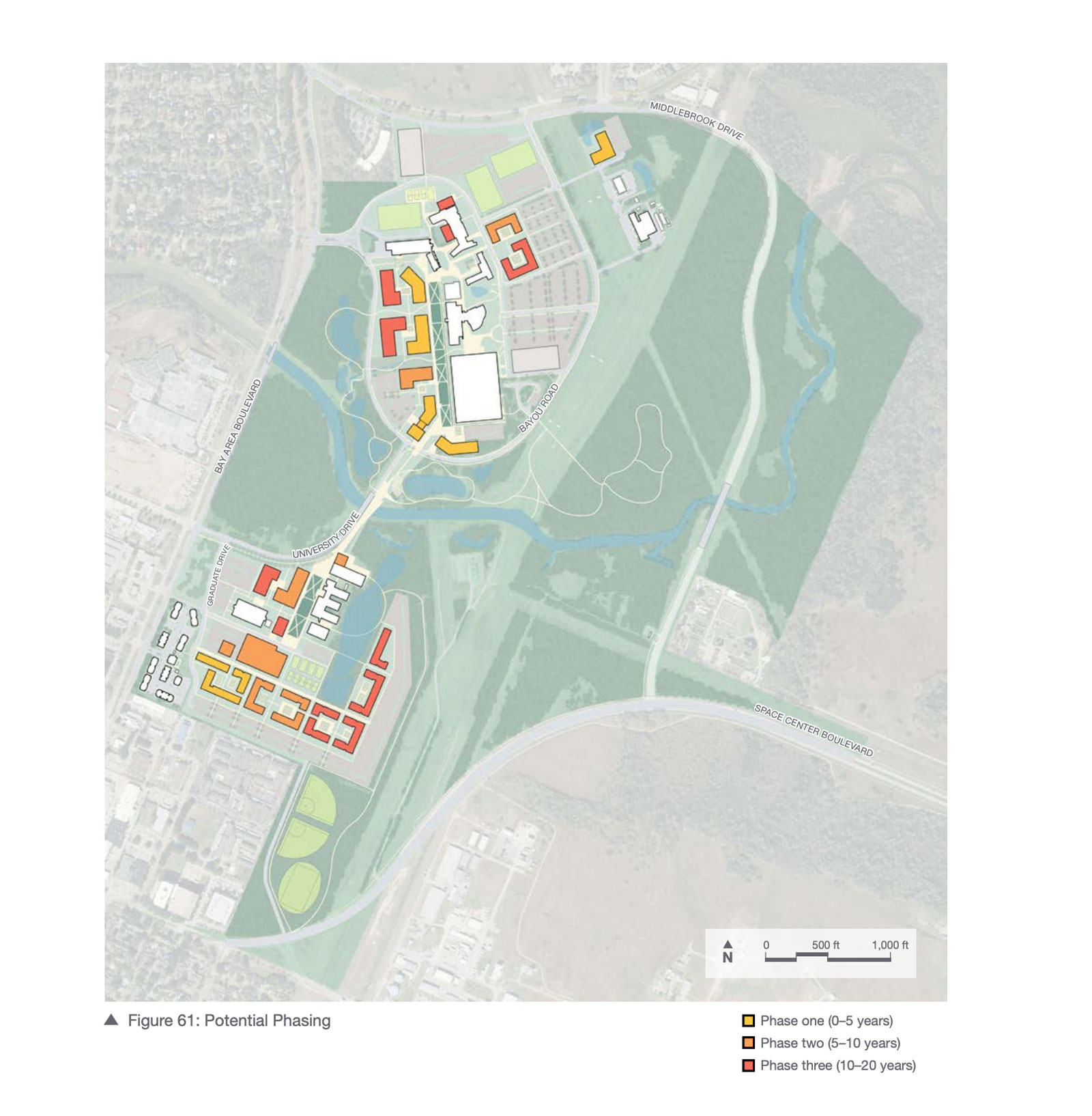 An illustration that shows an overview of where phases proposed for North and South Mall areas as well as the Bayou Crossing are to take place.