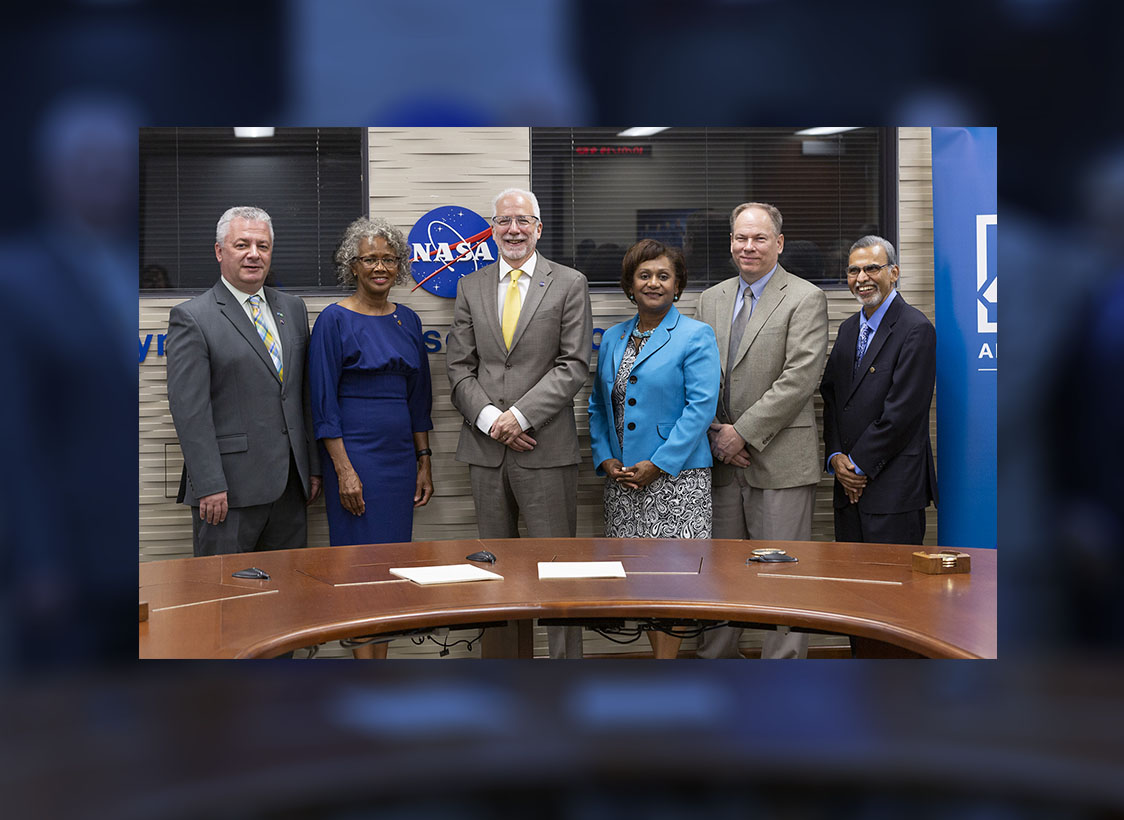 PHOTO: From left UHCL Provost Steven Berberich, UHCL President Ira K. Blake, JSC Director Mark Geyer, Deputy Center Director Vanessa Wyche, Exploration and Integration Science Director John McCollough, Director, University Collaboration and Partnership Office Kamlesh Lulla. Photo courtesy of UHCL Marketing and Communications.