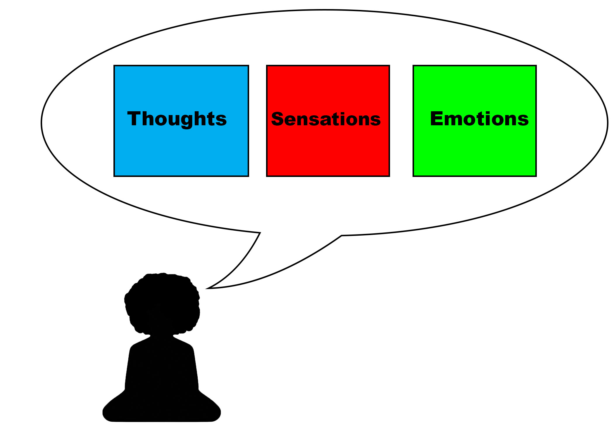 GRAPHIC: Image depicts a silhouette of an afro-haired individual in a cross legged stance. The figure is depicted thinking, with a thought bubble arising over his head. In the thought bubble are three boxes. There is a blue box that has the word "Thoughts," a red box with the word "Sensation" and a green box with the word "Emotions." Graphic by The Signal managing editor Troylon Griffin II. 