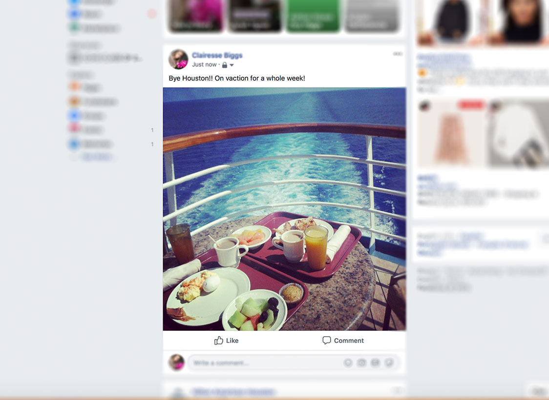 PHOTO: This image is a screenshot of a Facebook post. The post includes an image of vacation with a caption that reads "Bye Houston! On Vacation for a whole week!" Photo by The Signal reporter Clairesse Biggs.