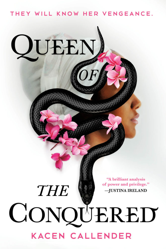 PHOTO: Book cover for Kacen Callender's debut novel for adults "Queen of the Conquered." This book features that text around a turbaned black woman in profile with pink flowers tucked around the black snake in the foreground. Graphic courtesy of Orbit Books.