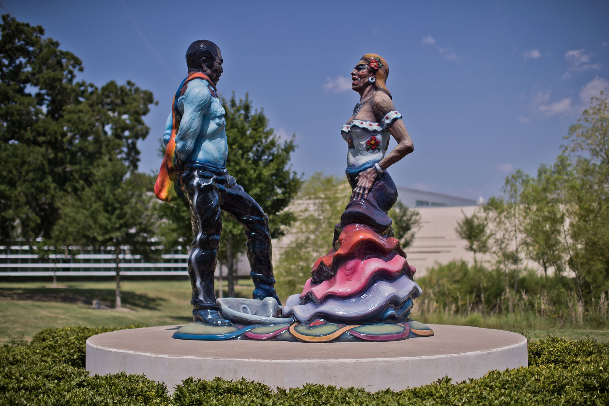 PHOTO: Painted fiberglass sculpture, Fiesta Jarabe (Fiesta Dancers), 1991-1993 by Luis Jiménez, located at University of Houston near the Cougar Woods Dining Commons. Photo by Morris Malakoff and courtesy of Public Art University of Houston System.