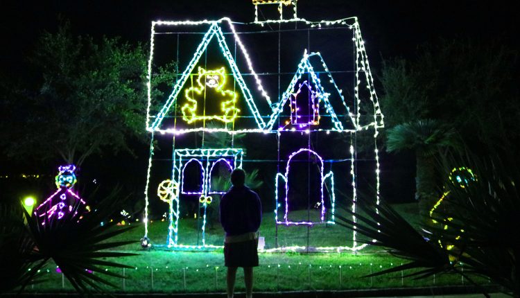 PHOTO: Man stands looking at Christmas lights gingerbread house at Moody Gardens. Photo by The Signal reporter Emily Dundee.